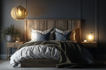 Empty double bed and lamp on side of bed in luxury and natural style bedroom is decorated with wooden boards