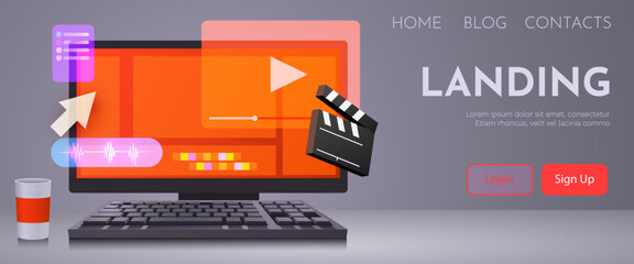 Video player on computer screen. Multimedia concepts. Cute design graphic elements.