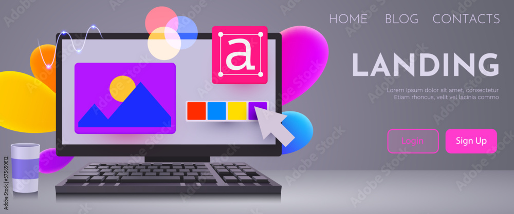 Wall mural designer and digital artist concept. computer with design elements. design for presentation.