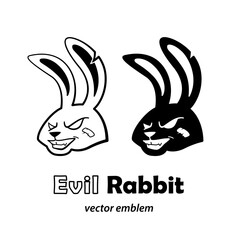 Evil brutal rabbit grins with a patch on the cheek. Monochrome cartoon mascot logo. Vector template of rabbit emblem for gamers and streamers