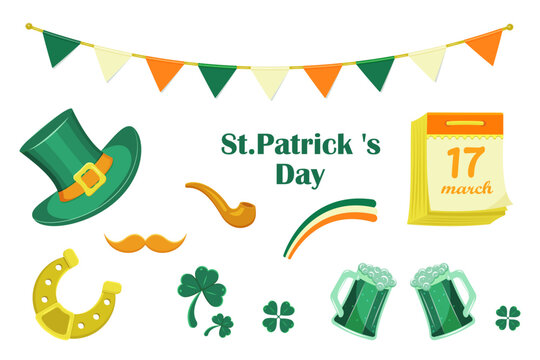 Set of elements for St. Patrick. Vector badges for the Irish holiday