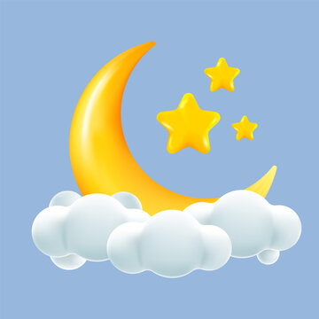 3d cute yellow gold crescent moon stars with clouds. Dream, lullaby, dreams background design for banner, booklet, poster.