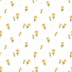 Cute daisy flowers flat hand drawn seamless vector pattern. Blooming vintage texture. Beautiful floral background for wrapping paper, textile, print, apparel, fabric, wallpaper, card, gift, packaging.