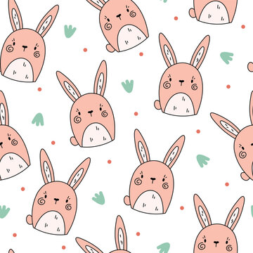 Seamless vector pattern with funny baby bunny. Cute easter theme hand drawn texture. Background for kids room decor, nursery art, wrapping paper, packaging, gift, fabric, wallpaper, textile, apparel.