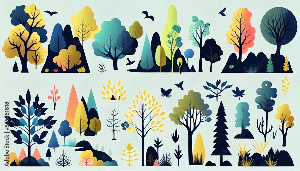 Wall mural set of trees and shrubs. collection of natural design elements trees with leaves. generative ai