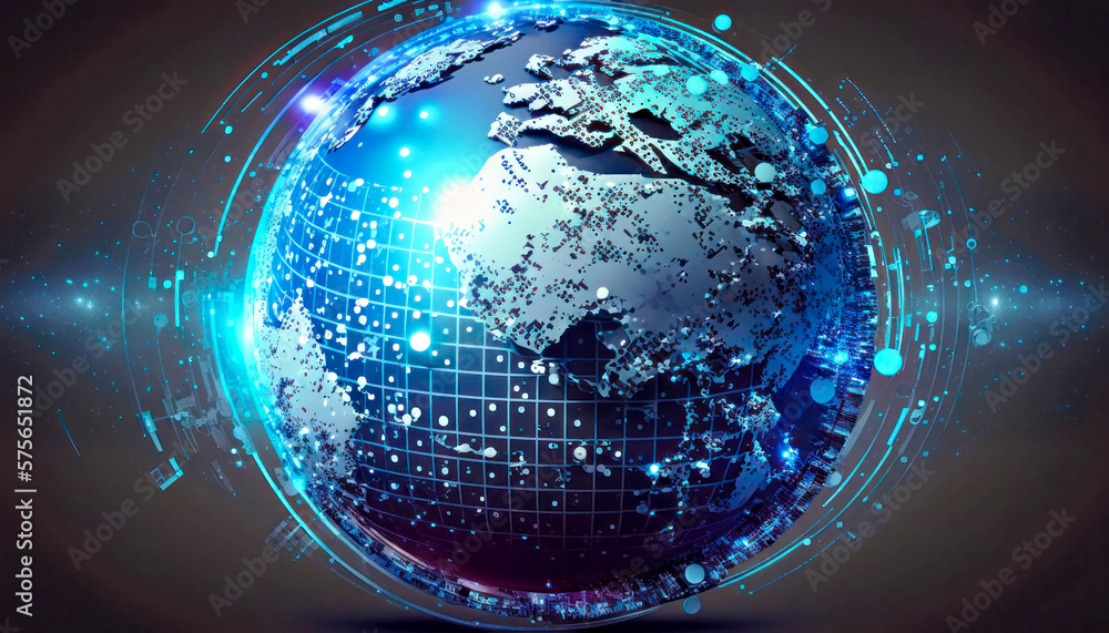 Poster the earth is surrounded by technological lines and dots generative ai