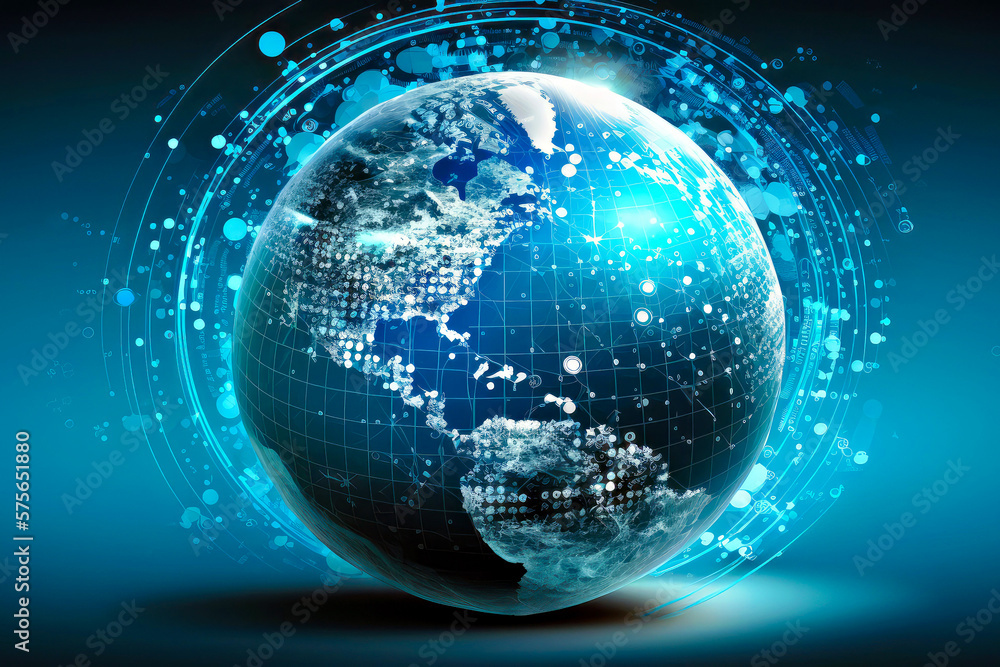 Poster blue globe with dots and lines around it generative ai