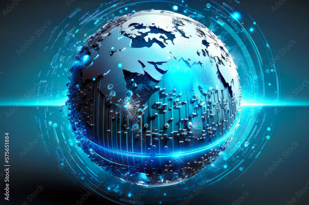 Poster blue globe with technological lines and dots around it generative ai