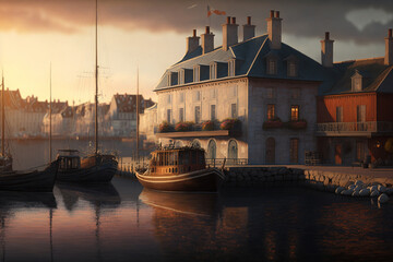 Golden Gateway: Illustration of a Martine Port at Sunset. AI generated.