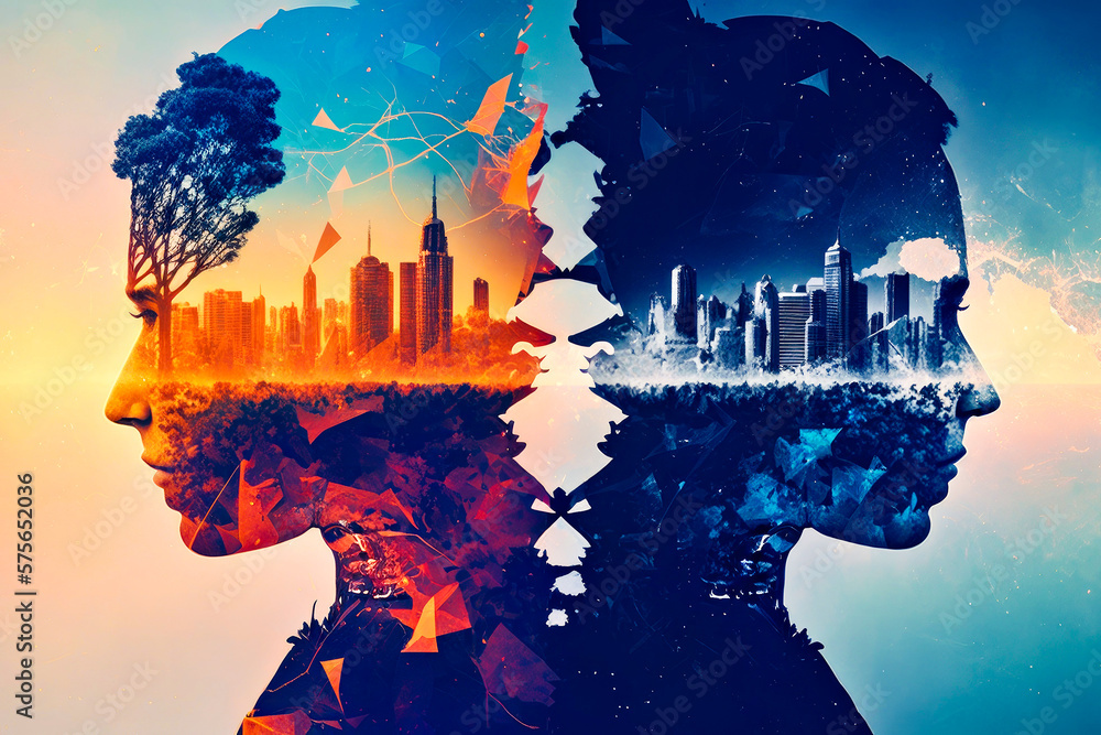 Poster double image of man and woman with city in the background generative ai