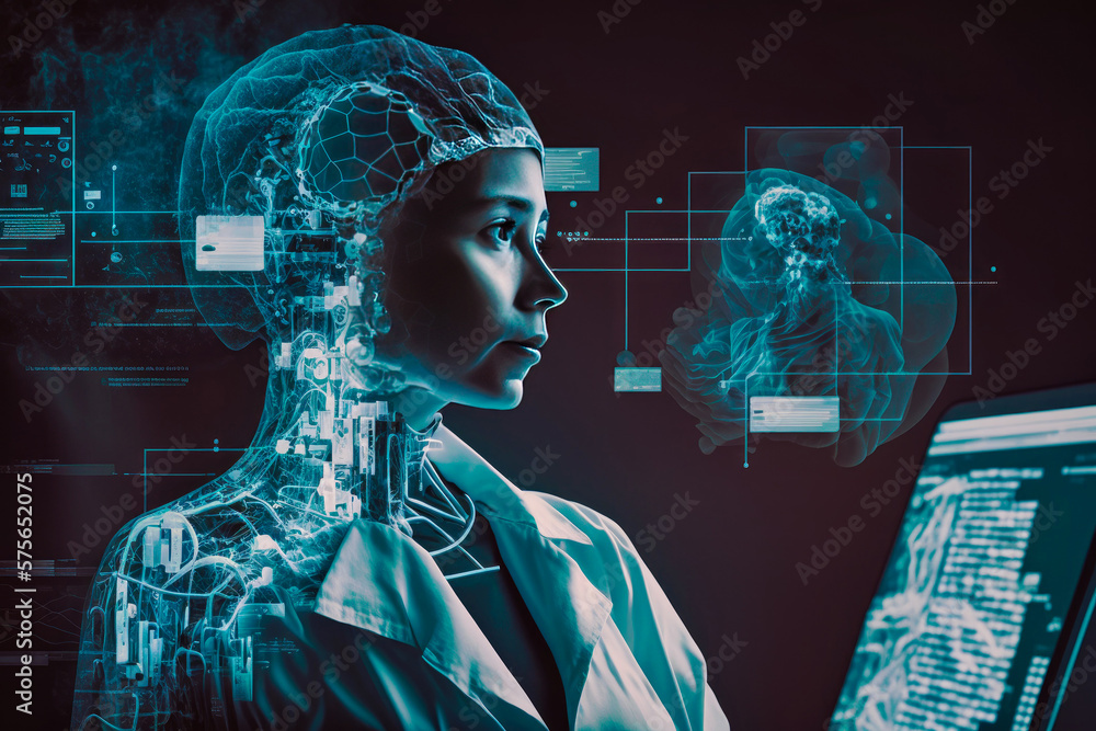 Poster woman in lab coat looking at computer screen generative ai