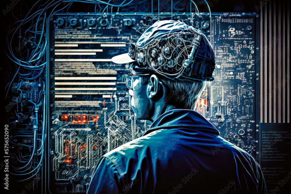 Poster man in hat looking at computer motherboard generative ai