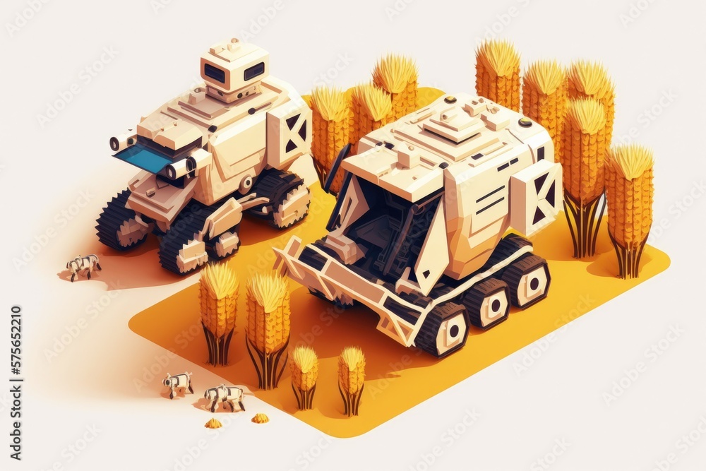 Poster contemporary smart robots for agricultural, industrial robots with an isometric design in the field 