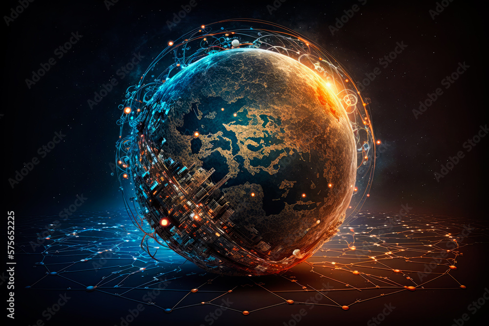 Poster globe with network of dots around it generative ai