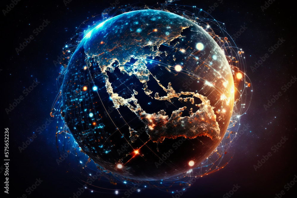 Poster the earth is surrounded by many connected lines generative ai