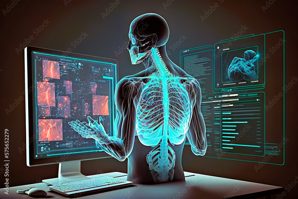 Poster skeleton sitting in front of computer screen generative ai
