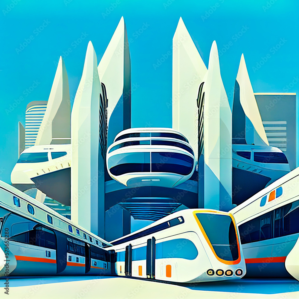 Poster futuristic train station with futuristic building in the background generative ai