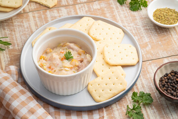 Tuna salad with butter cracker on a plate,snack food