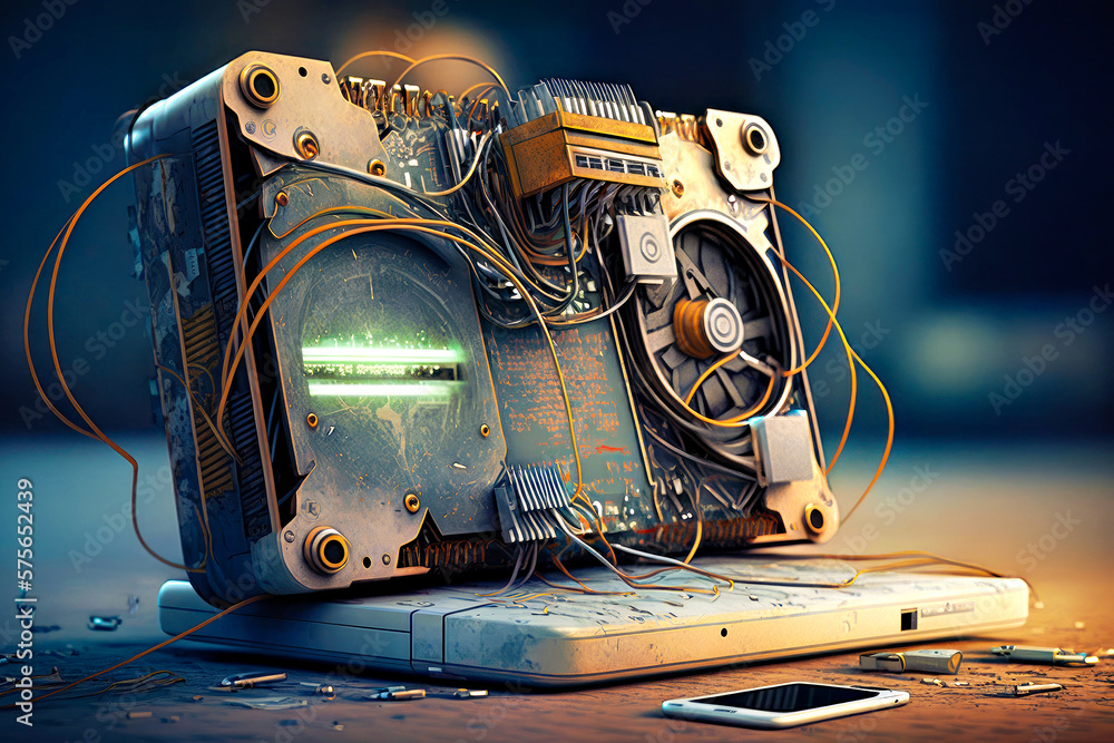 Poster broken laptop computer sitting on top of wooden table generative ai