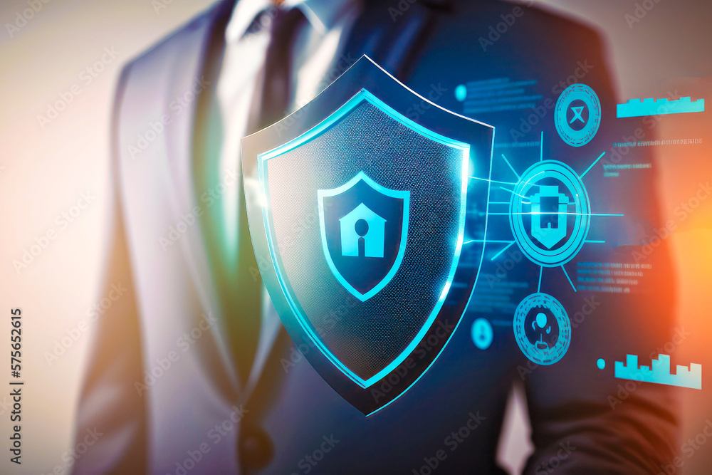 Poster man in suit is holding shield generative ai