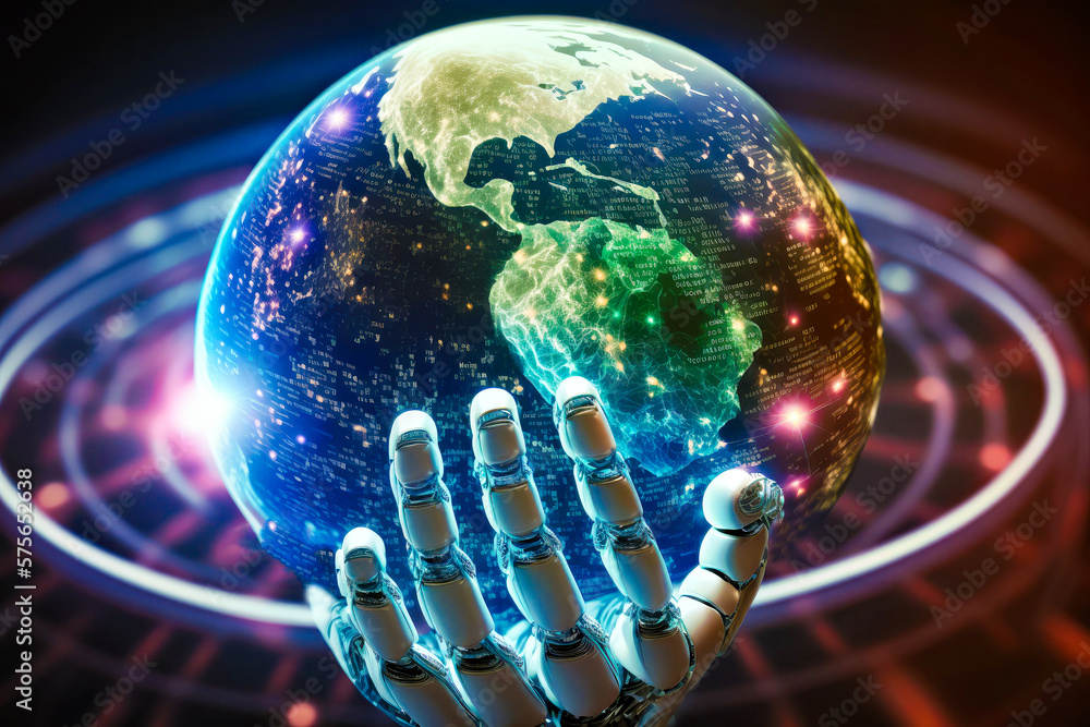 Poster robotic hand holding globe in front of it generative ai