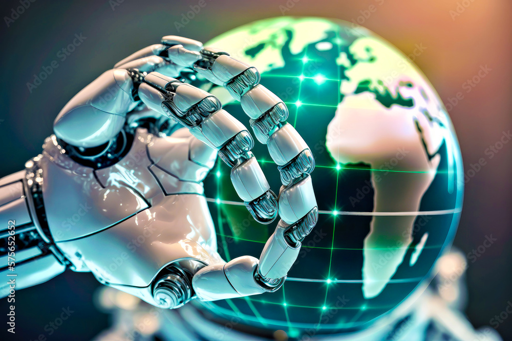 Aufkleber robotic hand is holding globe generative ai