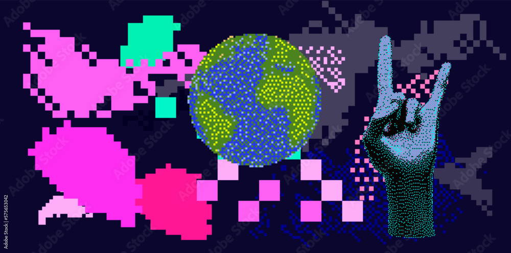 Poster the 3d earth globe world geography sphere map model in pixel art style.