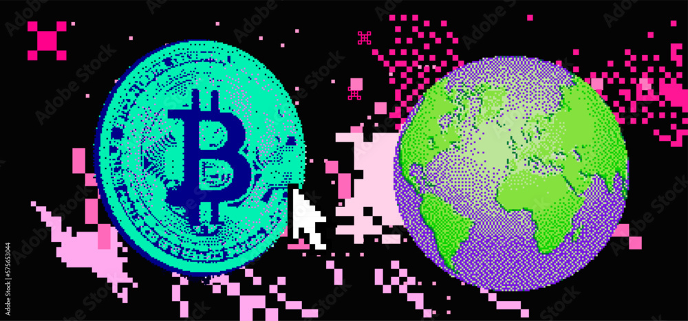 Aufkleber pixel art of a 3d bitcoin currency and the globe on a glitched background.