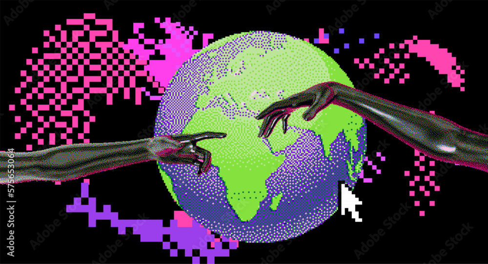 Poster Two 3D hands going to touch together and the globe on a pixelated glitched background. Concept of communication in web space.