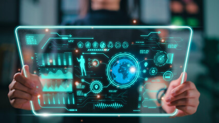 Fototapeta premium Futuristic user interface concept. Graphical User Interface GUI on the futuristic virtual interface screen. Head up Display HUD. Internet of things.