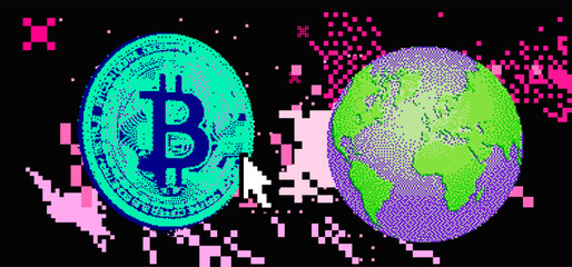 Pixel art of a 3D bitcoin currency and the globe on a glitched background.