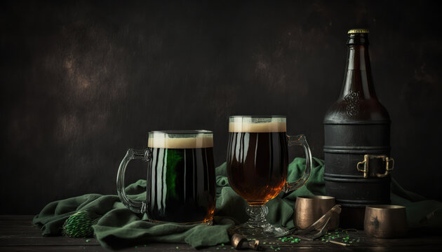 Close up festive green beer in a bar interior, st. Patrick's day illustration. Horizontal banner. AI generative image.