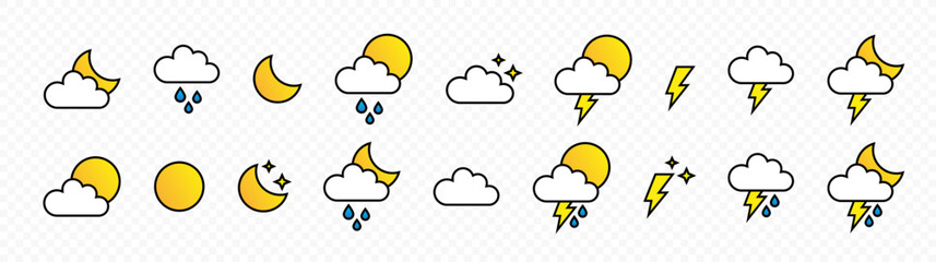 Weather icons. Linear flat weather icons. Weather forecast icons isolated flat design. Vector graphic