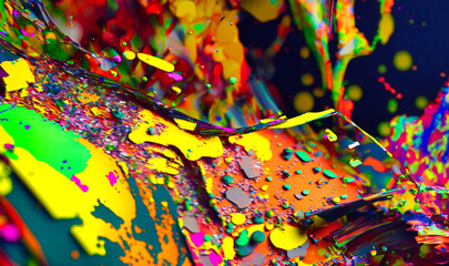 A close-up of a bright, neon-colored splatter pattern, resembling a modern art painting