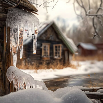 Cosy rustic country house with winter snow and close up icicles. AI generative image.
