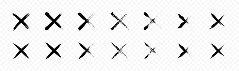 Paint brush cross icons. Hand drawn cross collection. Black grunge cross set. Isolated flat vector icons. Vector graphic