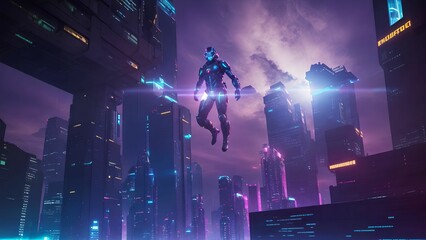 futuristic sci-fi human wearing robot suit flying above future city, generative art by A.I.