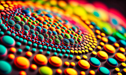 close-up of a vibrant, multicolored dot pattern, featuring a mix of bold and muted hues