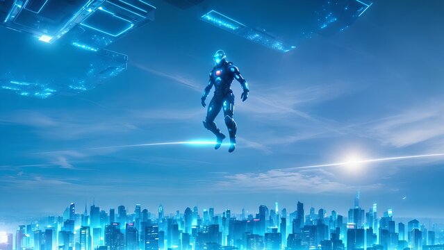 futuristic sci-fi human wearing robot suit flying above future city, generative art by A.I.