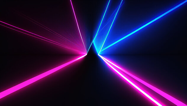 Colorful laser light glow in the dark room. 3D Illustration.