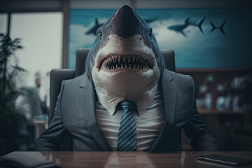 Portrait of shark in a business suit at the office. Generative AI