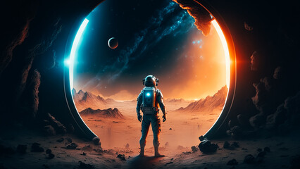 Astronaut on foreign planet in front of spacetime portal