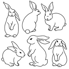 line art Bunny set. collection of isolated Easter Rabbits. Monochrome isolated on white background.
