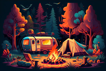 Camping site with tent, bonfire and camper van. Summer camp vacation vector illustration.