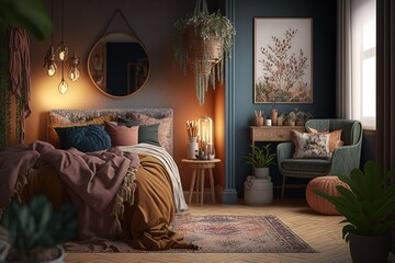 Comfort apartment in bohemian style interior with hygge bedroom