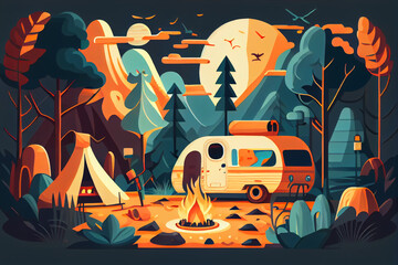 Camping site with tent, bonfire and camper van. Summer camp vacation vector illustration.