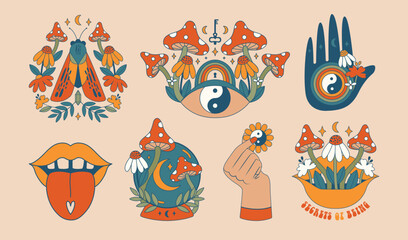Set of celestial abstract clip arts with hands, yin yang, eye, moth, moon, amanita, lips, crystal ball. Modern psychedelic arts. Hippie groovy esoteric illustrations. Flat design. 60's, 70's concept.
