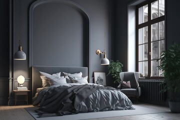 Elegant grey bedroom with copy space on empty wall