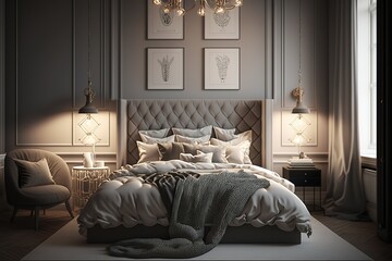 Fancy beige bedroom with dark details