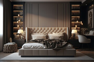 Fancy beige bedroom with dark details